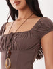 The Frolic exclusive linen blend ruched bust cap sleeve mini dress in chocolate