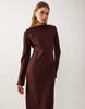 satin long sleeve maxi dress in chocolate