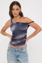 Luck & Trouble Sabina Twist Off Shoulder Top Black Print