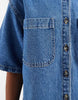 denim boxy shirt dress with pocket detail in mid blue