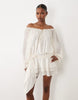 Oh Polly chiffon off the shoulder balloon sleeve layered skirt and tie detail mini dress in ivory
