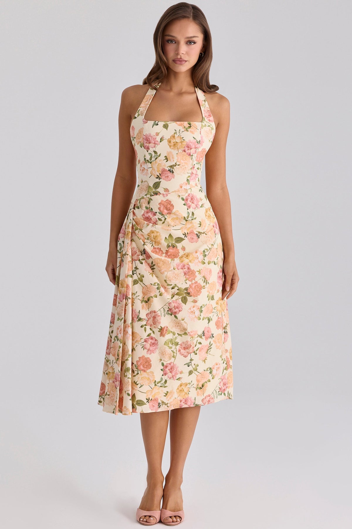 warm rose print halter neck cotton midi dress