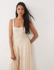 crinkle square neck panel detail midi dress in stone