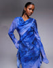 Daska chiffon high cowl neck frill detail maxi dress in cobalt abstract print