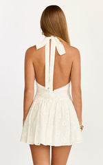 Lyra Mini Dress - Broderie Halter Neck Tie Drop V Waist Dress in White