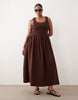 Curve crinkle square neck maxi sundress with shirred waist in chocolate
