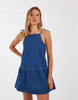 peplum hem mini smock dress in mid blue denim