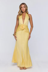 Vibe Star Halter Satin Maxi Dress Yellow