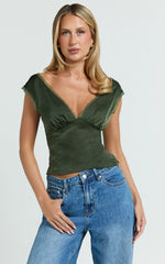 Gloria Top - V Neck Lace Detail Cap Sleeve Top in Sage
