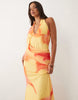 printed mesh halter maxi dress with draped sash detail in yellow floral
