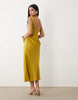 satin high neck drape skirt maxi dress in golden olive