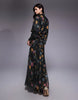 chiffon shirred waist panel godet maxi dress in black floral