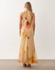 Petite chiffon high neck double layer maxi dress in orange floral print