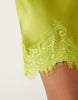 slash neck satin mini dress with lace hem in green