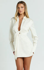 Paola Mini Dress - Tie Front Collared Skirt Dress in Off White