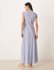dropped waist midi dress with ruched cap sleeves in blue stripe