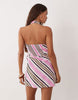 Petite cotton halter neck mini wrap dress in pink stripes