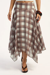 Luck & Trouble Rocco Asymmetrical Check Midi Skirt Brown Check