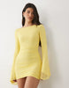mesh waterfall sleeve ruched mini dress in yellow
