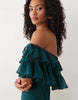 lace mix bardot off shoulder ruffle midi dress in teal
