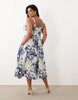 Hope & Ivy Plus a-line strappy corset midi dress in white and blue spot floral print