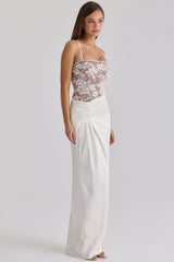white embellished lace and satin maxi dress