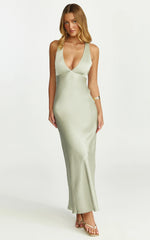 Khalani Maxi Dress - Deep V Neck Satin Slip Dress in Light Olive