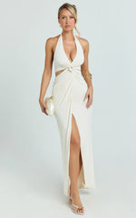 Cleo Maxi Dress - Halter Neck Floral Trim Cut Out Fitted Dress in Ivory