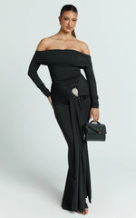 Trish Maxi Dress - Off Shoulder Hardware Trim Bodycon Dress in Black