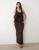 plunge maxi dress with 3d corsage and open back in chocolate scuba-style fabric