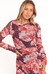 Calypso Long Sleeve Maxi Dress - Burgundy Peony