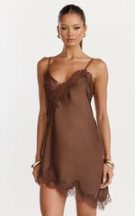 Iris Mini Dress - Lace Trim Asymmetrical Camisole Dress in Chocolate