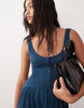 crinkle button through midi dress in denim blue