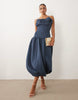scrunched bandeau bubble hem midi dress in denim blue scuba-style fabric