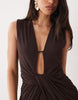 plunge neck gather detail mesh maxi dress in chocolate