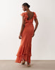 frill sleeve maxi dress with fishtail hem in terracotta