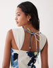 structured cotton dropped waist midaxi dress with tie back in blue abstract floral print