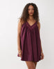 poplin v-neck and back smock mini sundress with lace overlay in plum wine