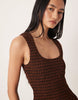 crinkle scoop neck midaxi sundress with shirred waist in black and chocolate gingham