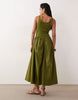basque waist midi dress with woven skirt in olive