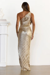 Metallic Pleated One Shoulder Crop Top Maxi Skirt Set Gold