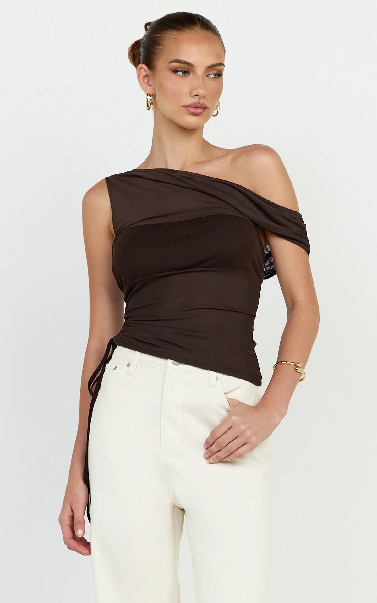 Astrid Top - Asymmetrical Off Shoulder Sleeveless Top in Chocolate
