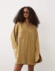 double cloth mini shirt dress with wide cuffs and oversized pockets in toasted sage