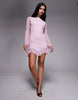 Kaiia exclusive slinky long sleeve ruffle hem open back mini dress in pink and black polka dots