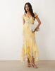 frill sleeve maxi dress with fishtail hem in yellow floral print