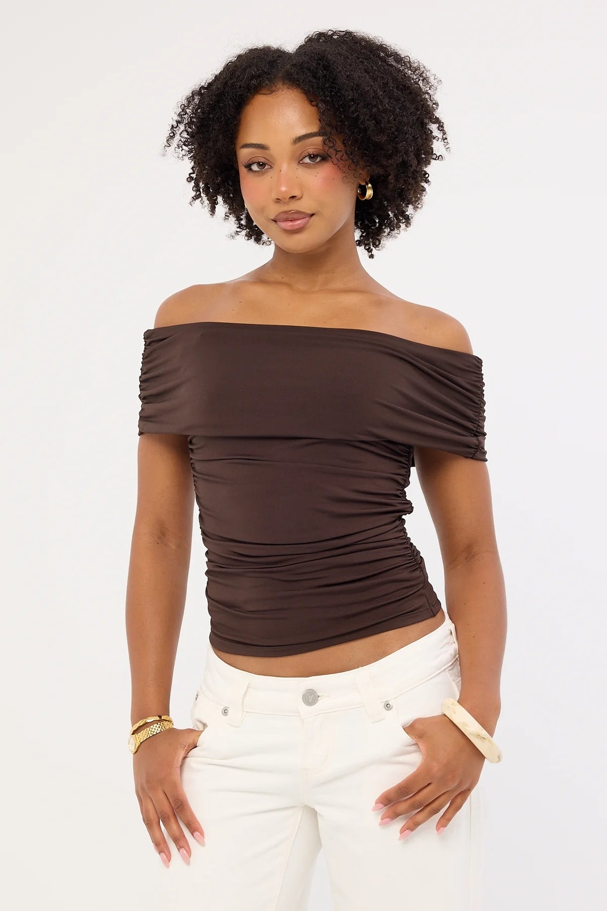 Perfect Stranger Rhiannon Off Shoulder Top Brown