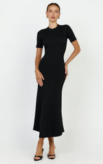 Lanie Midi Dress - Knitted Crew Neck Short Sleeve Dress in Black