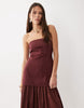 cotton sateen bandeau maxi sundress with dropped waist poplin skirt in warm chocolate