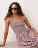 scoop neck crinkle maxi sundress with shirred waist in burgundy and cream gingham