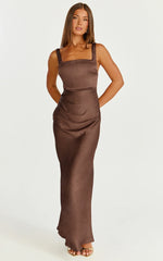 Rumi Maxi Dress - Ruched Bodice Satin Dress in Chocolate